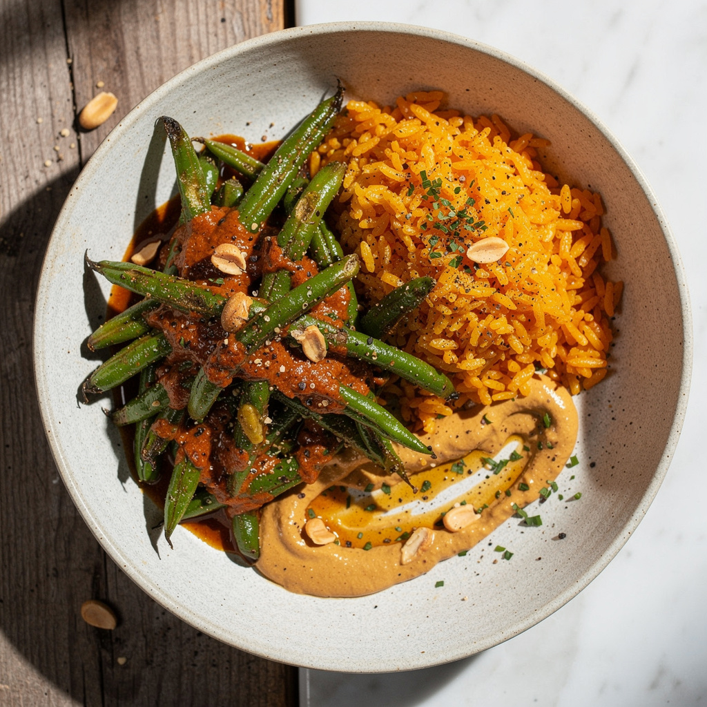 Curried Blistered Green Beans with Orange Rice
