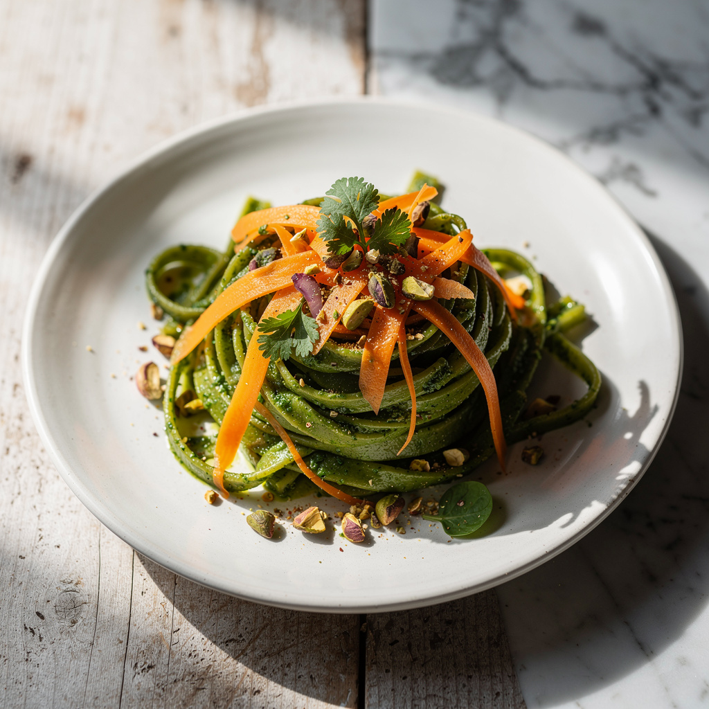 Fettuccine with Spinach Pesto and Carrot Ribbons