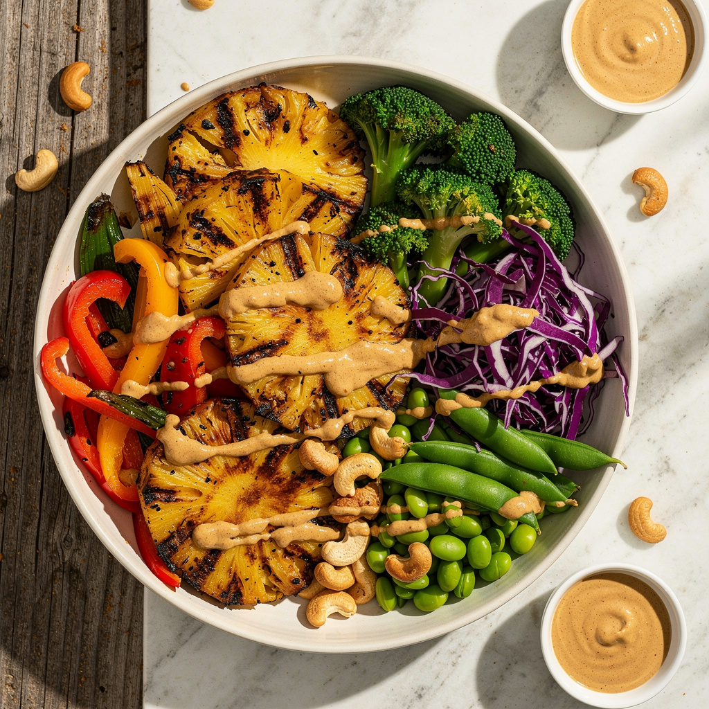 Grilled Pineapple Veggie Bowl with Spicy Cashew Crema
