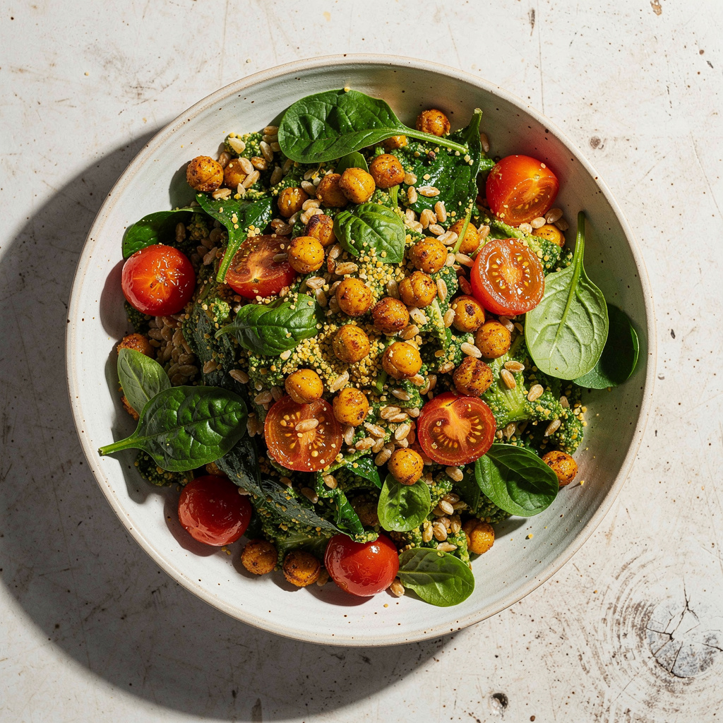 Hearty Pesto Salad with Tomatoes, Farro, and Air-Fried Chickpeas