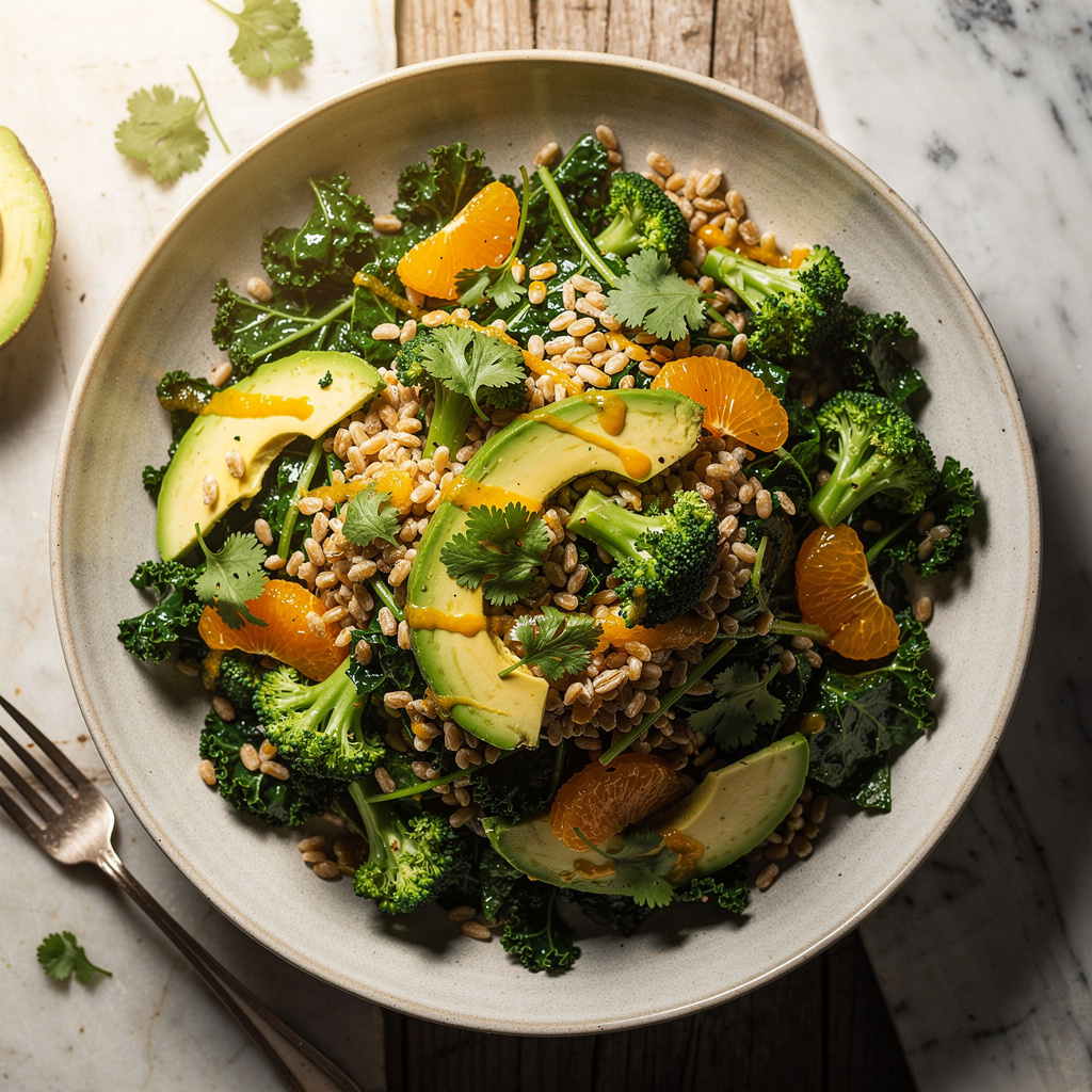 Kale and Farro Salad with Orange-Avocado Dressing