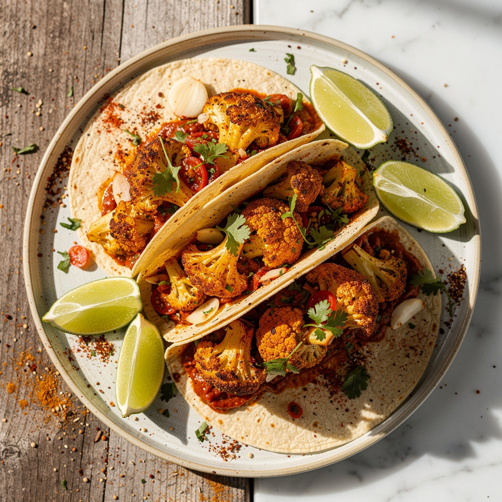 Mediterranean Tacos with Spicy Roasted Cauliflower