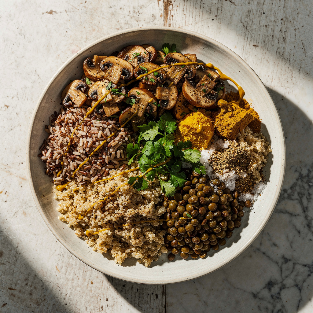 Mixed Grain Bowls with Mushrooms and Lentils