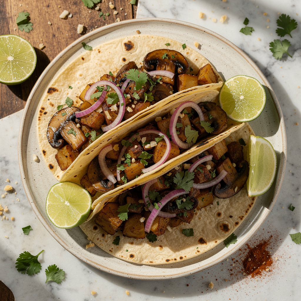 Mushroom Chorizo Tacos con Papas