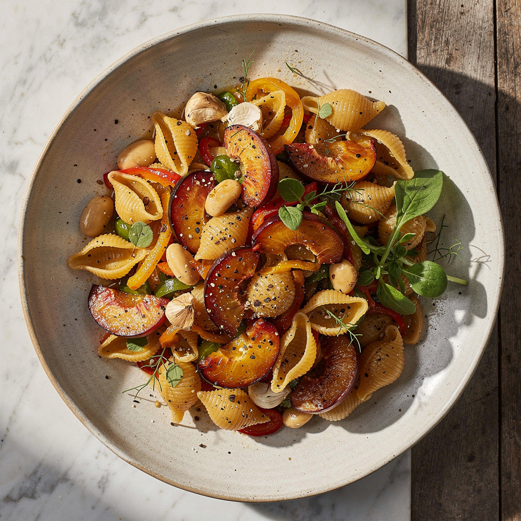 Plum Pasta Salad with Roasted Garlic Vinaigrette