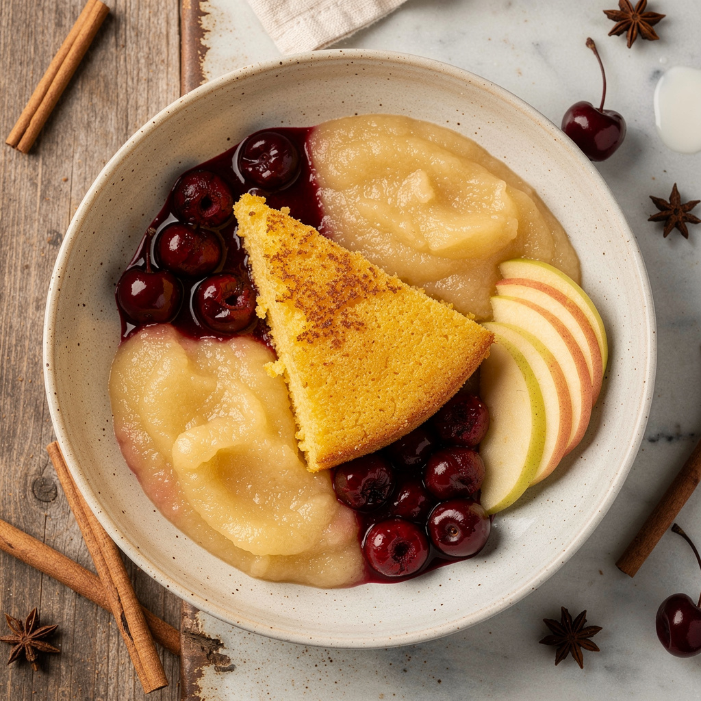 Polenta Cake with Apples and Cherry Compote