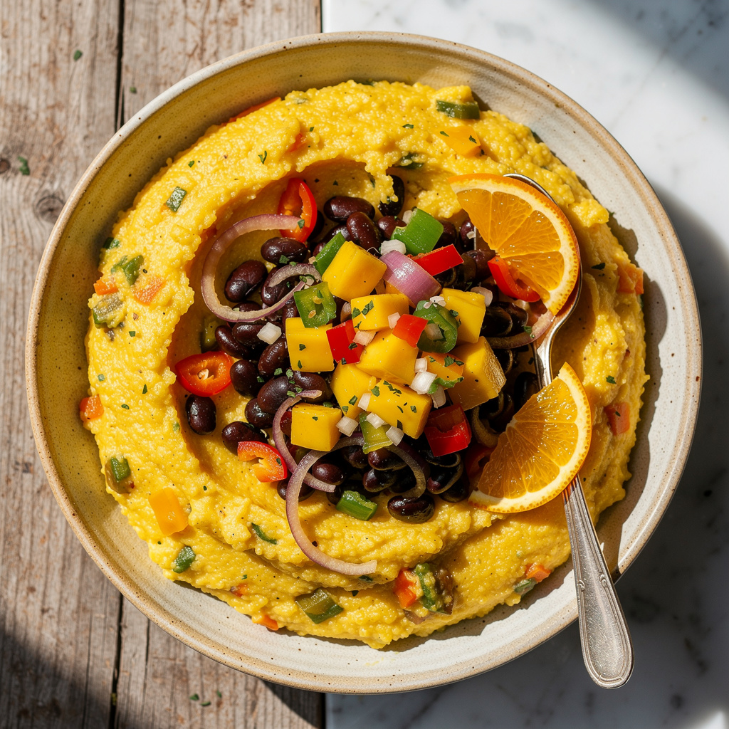 Polenta with Black Beans and Mango Salsa