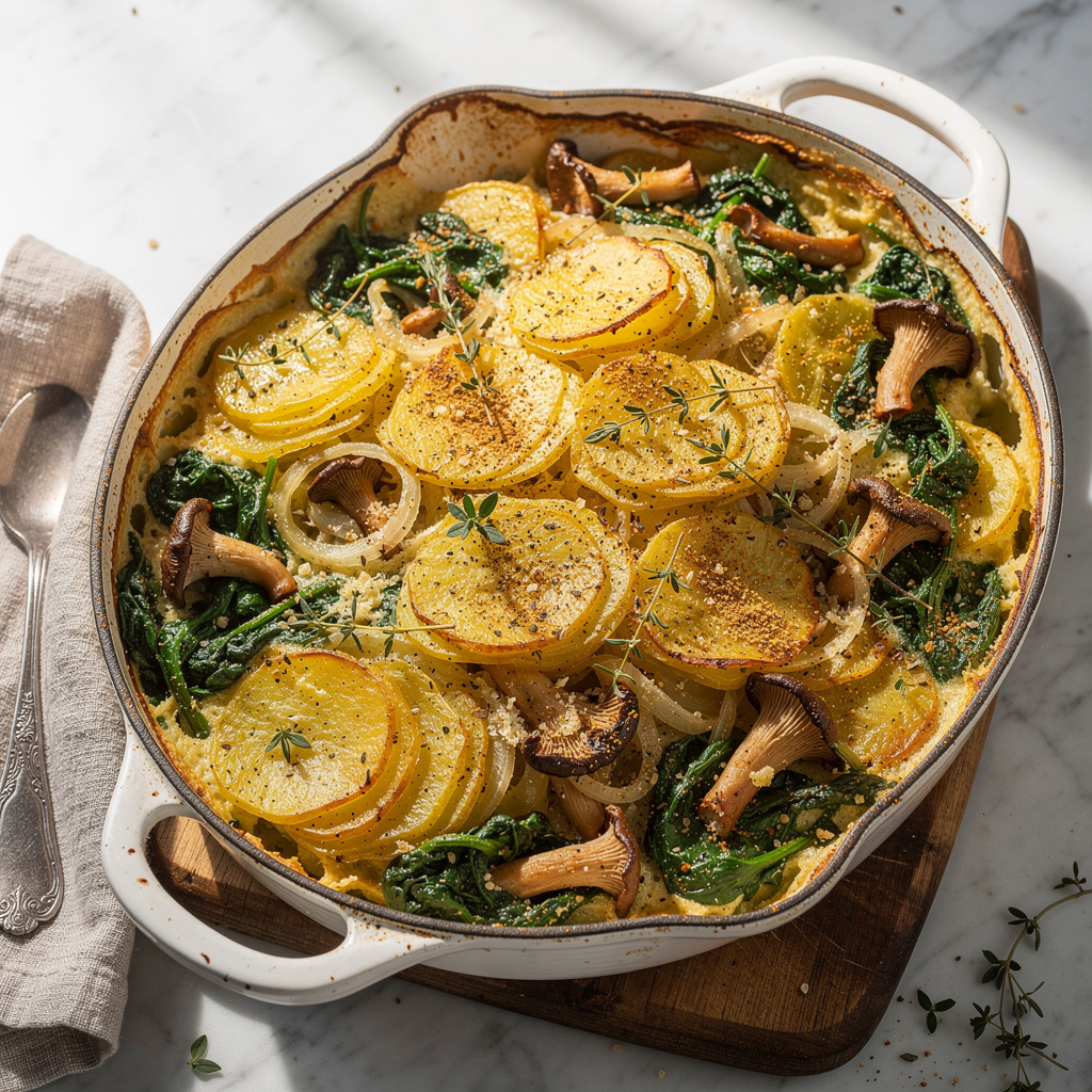 Potato-Spinach Casserole with Trumpet Mushrooms