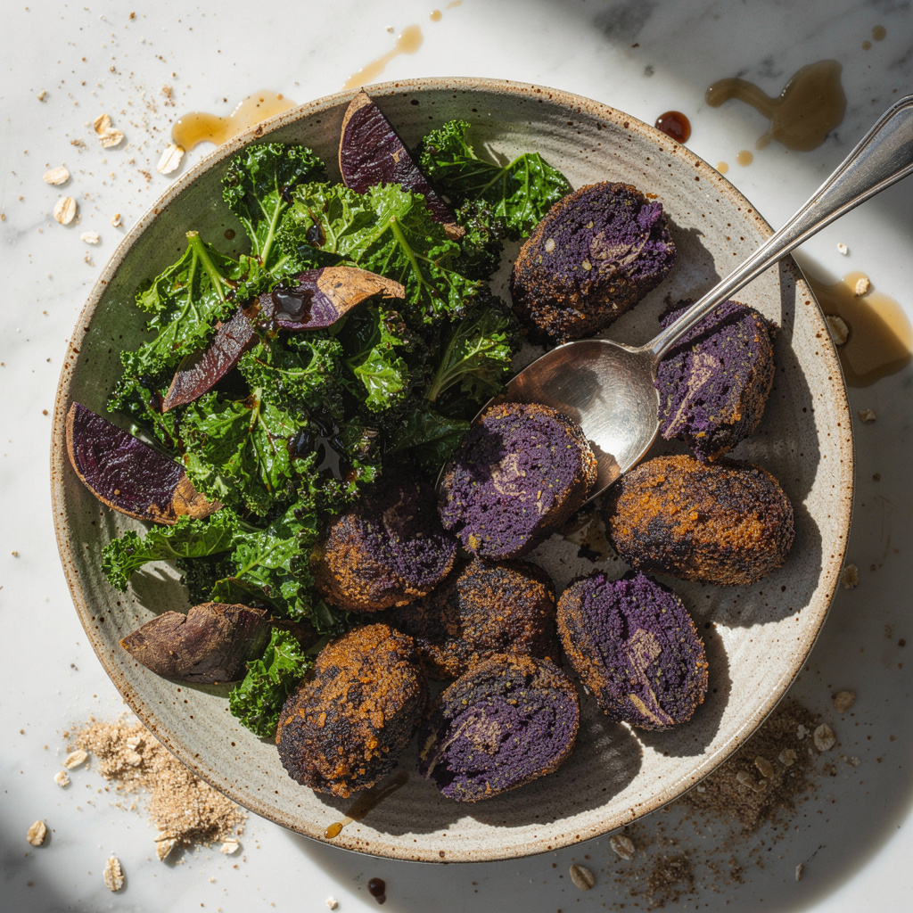 Purple Potato Croquettes with Kale Salad