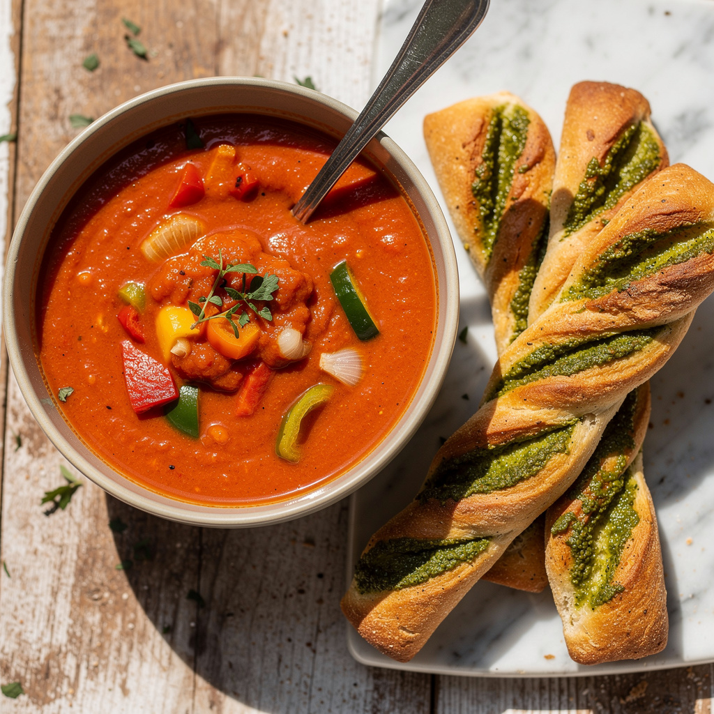 Quick Summer Tomato Soup with Pesto Breadsticks