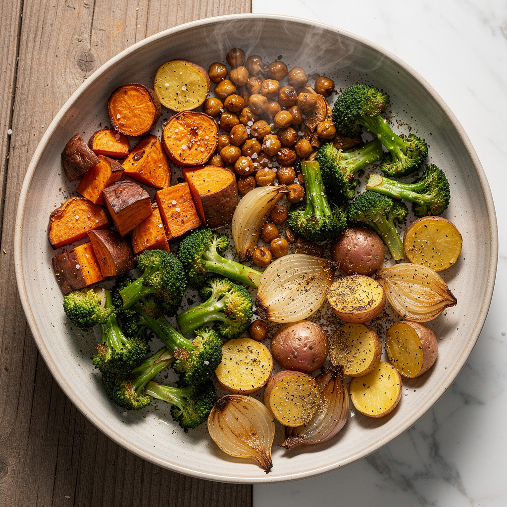 Sheet Pan Supper with Broccoli, Spuds, and Maple-Balsamic Chickpeas