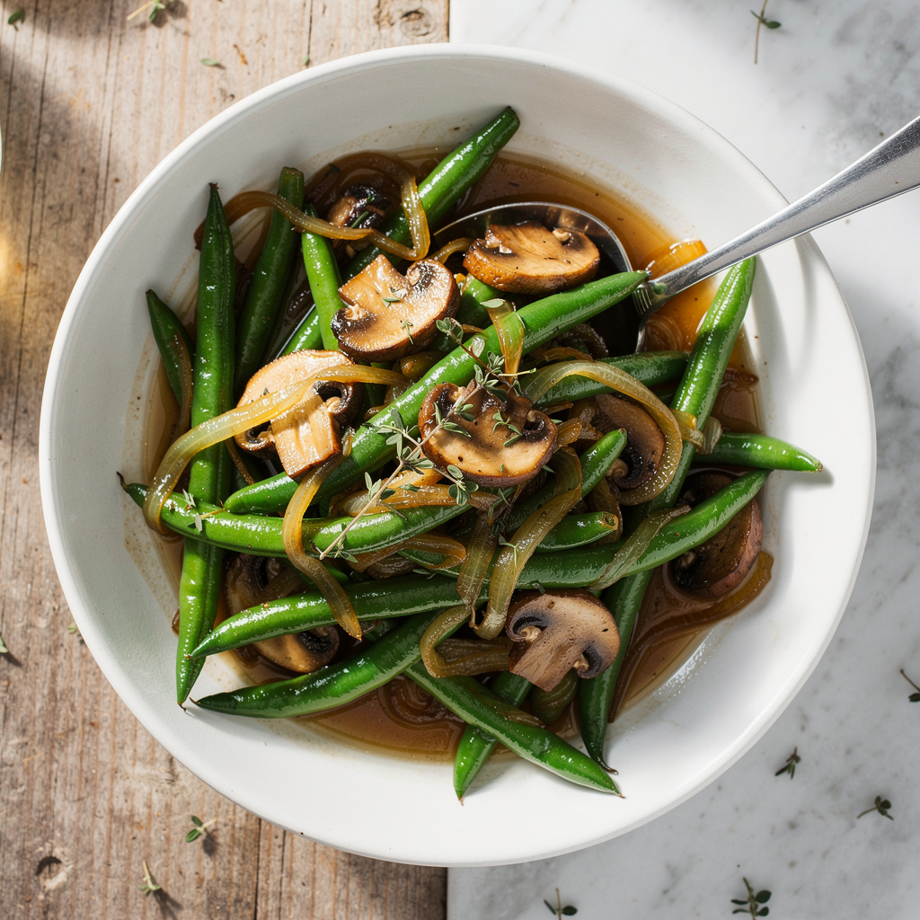 Skillet Green Beans with Caramelized Onions and Mushrooms
