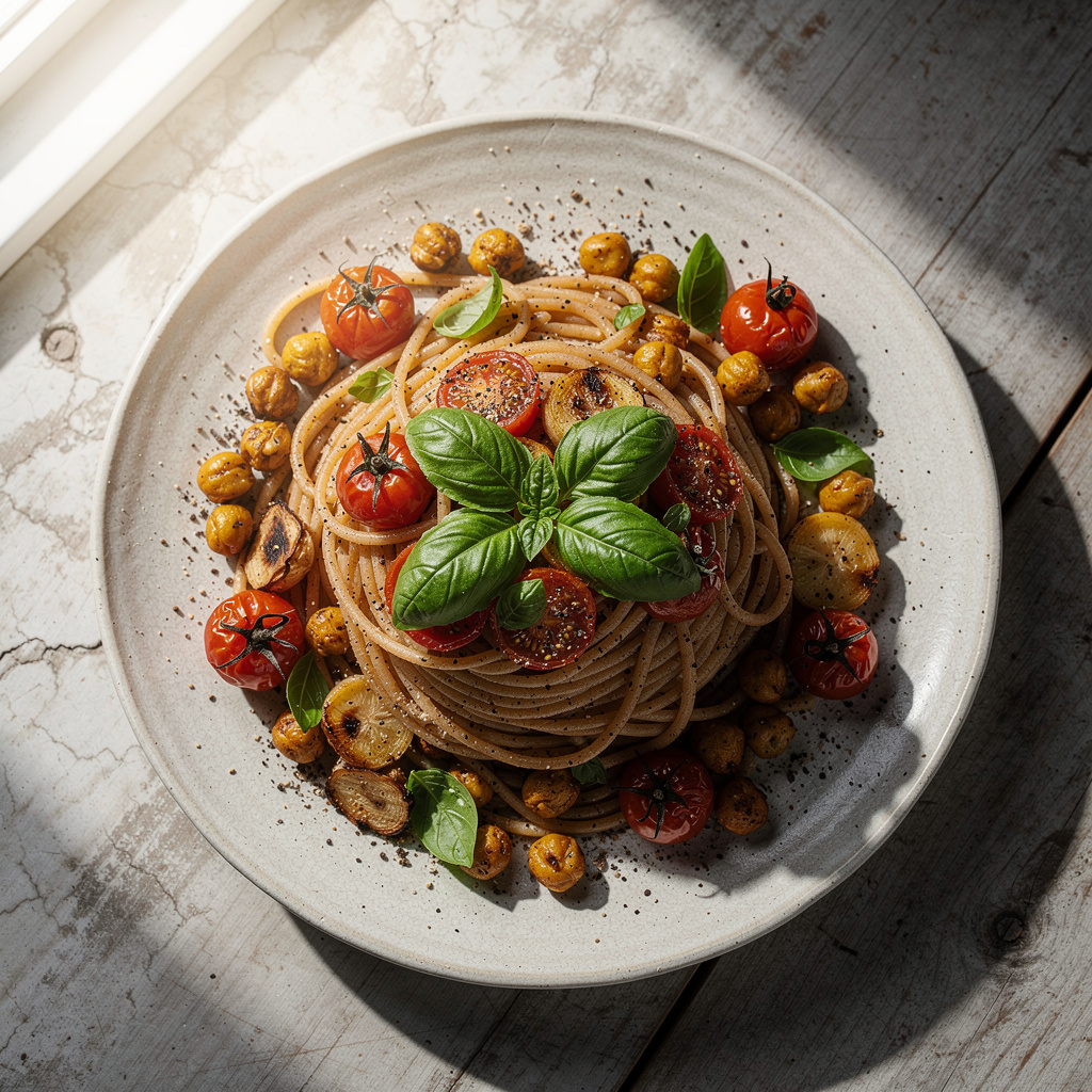 Spaghetti with Roasted Tomatoes, Chickpeas, and Basil