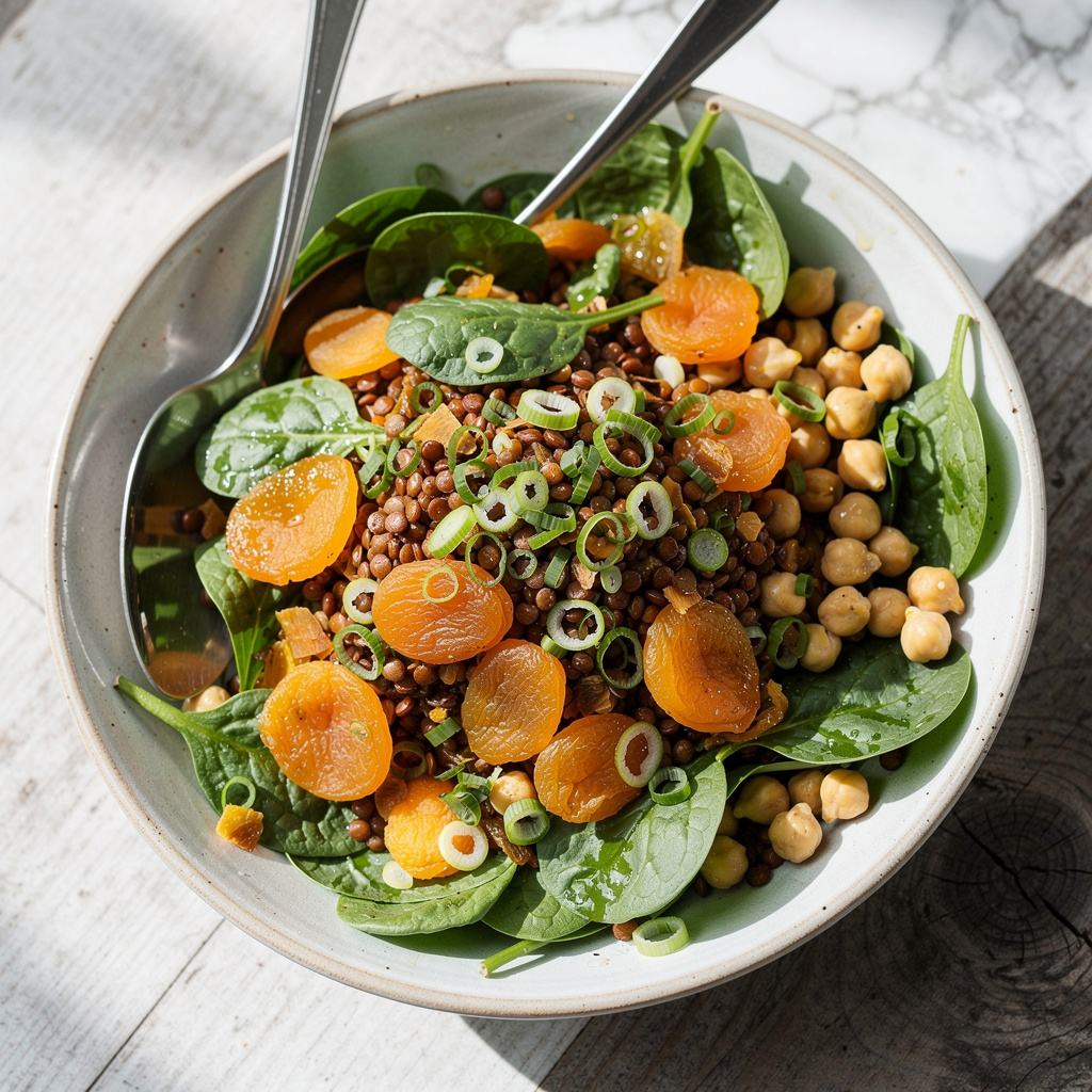 Spinach-Apricot Salad with Spiced Lentils