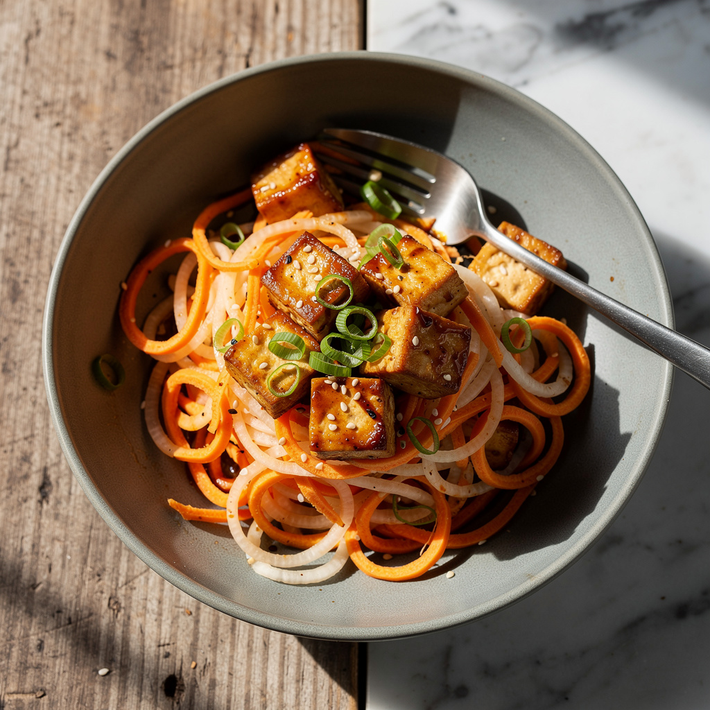 Spiralized Daikon and Sweet Potato Noodles with Spicy Korean Tofu