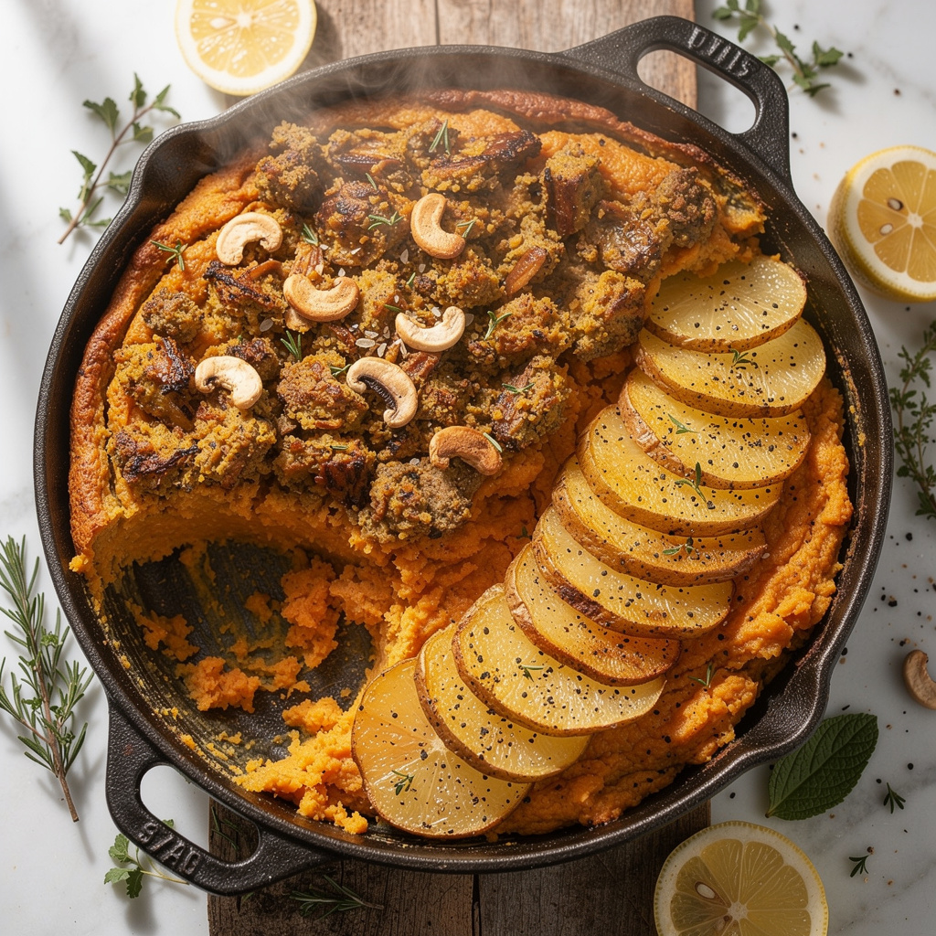 Sweet Potato Casserole with Herbed Mushroom Stuffing