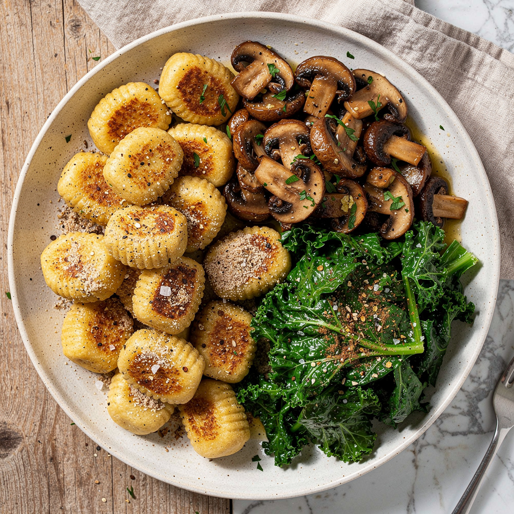 Vegan Potato Gnocchi with Mushrooms and Greens