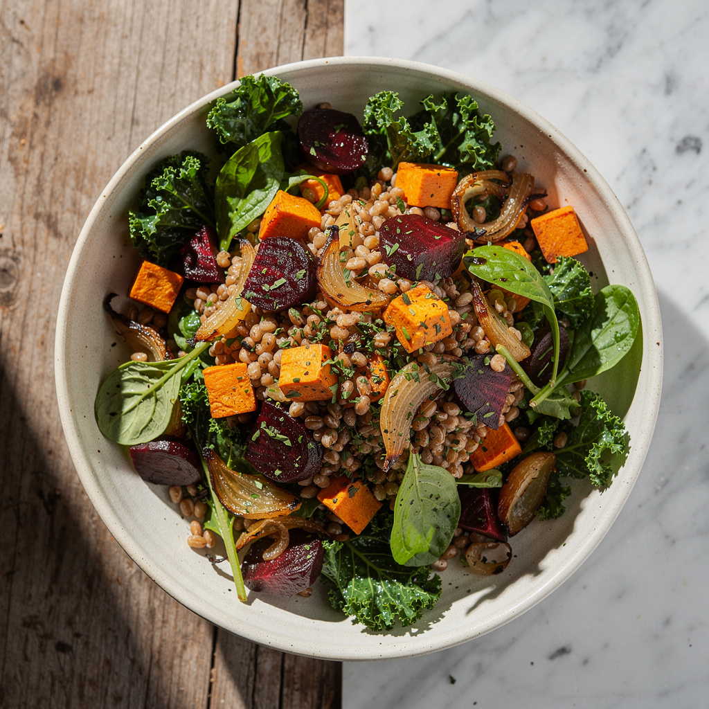 Wheat Berry and Roasted Vegetable Salad with Kale