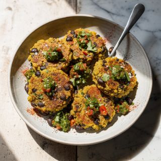 Black Bean Polenta Cakes with Pepper-Cilantro Salsa