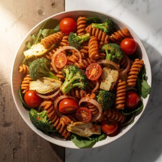 Broccoli Pasta Salad with Red Pepper Pesto