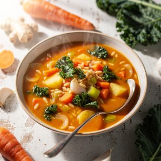 Carrot Ginger Soup with Orzo and Kale