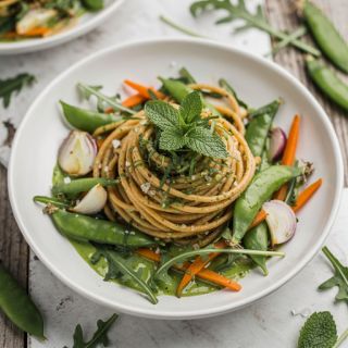 Chilled Noodle Bowls with Mixed Veggies and Minted Pea Dressing