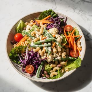 Chopped Veggie Salad with Pasta and Creamy Cauliflower Dressing