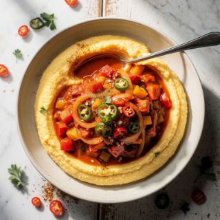 Creamy Polenta with Jalapeño Tomato Sauce