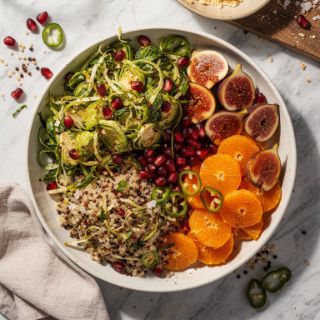 Crunchy Brussels Sprout Slaw with Figs, Pomegranate, and Quinoa