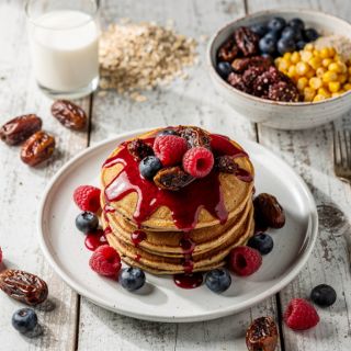 Oatmeal-Lemon Pancakes with Raspberry-Date Syrup