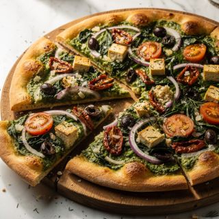 Pizza with Creamed Spinach, Sun-Dried Tomatoes, Red Onion, and Olives