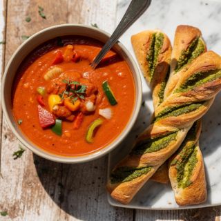 Quick Summer Tomato Soup with Pesto Breadsticks