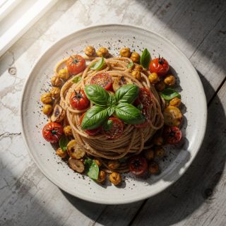 Spaghetti with Roasted Tomatoes, Chickpeas, and Basil