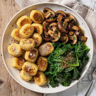 Vegan Potato Gnocchi with Mushrooms and Greens