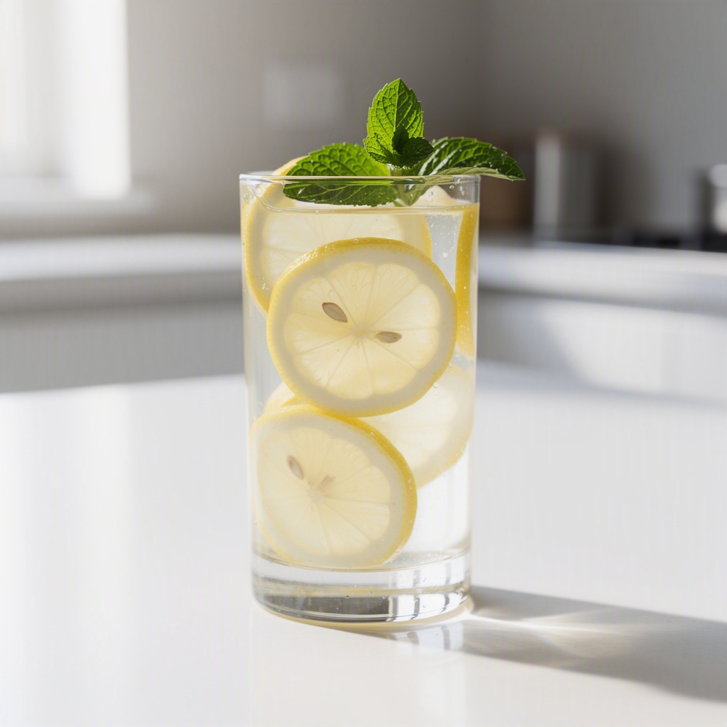 A tall glass of fresh lemon water on a kitchen counter