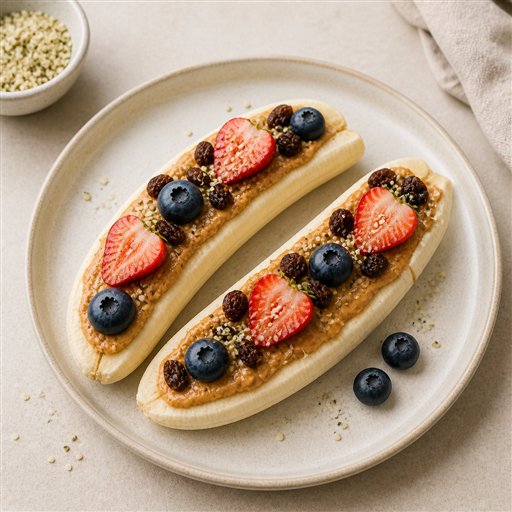 Banana boats topped with nut butter, fresh berries, and seeds