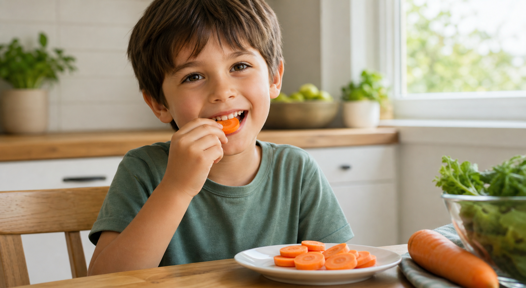 A little boy eating a sliced carrot at the kitchen table