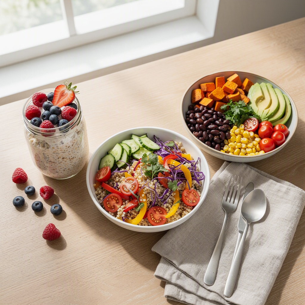 Overnight oats, a quinoa salad, and a sweet potato bowl photographed from above
