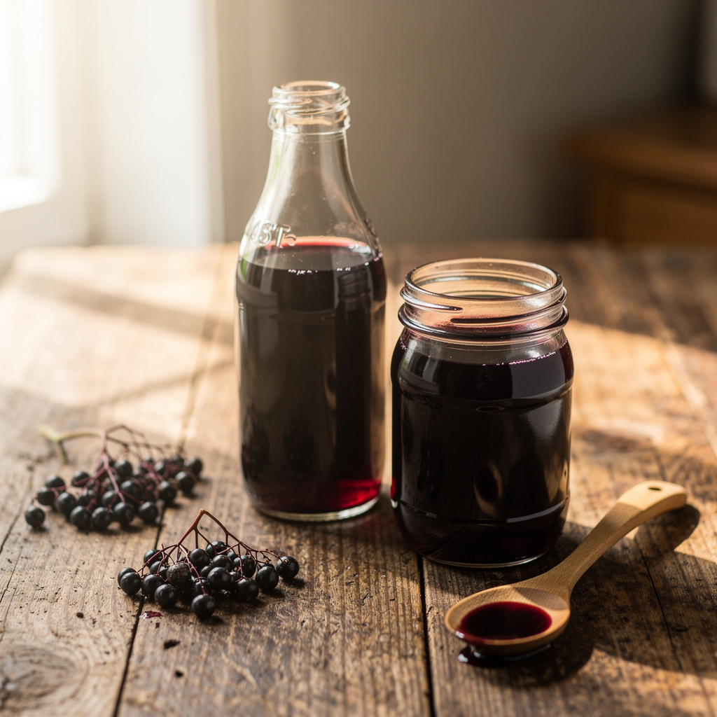 A bottle and jar of homemade elderberry syrup