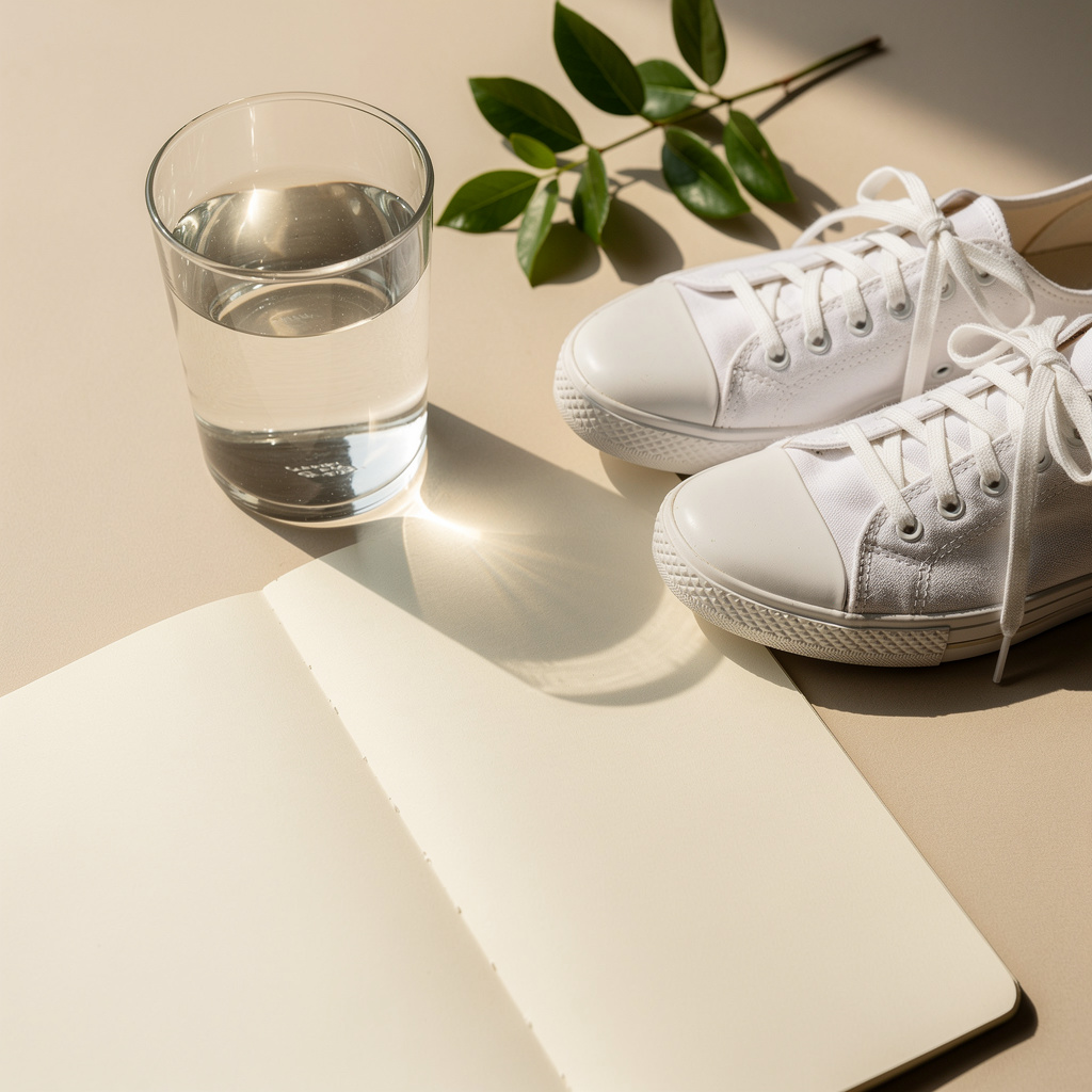 A glass of water, an open journal, walking shoes, and greenery in morning light