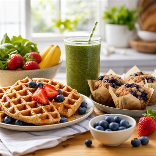 Waffles, a green smoothie, and blueberry muffins on a breakfast table