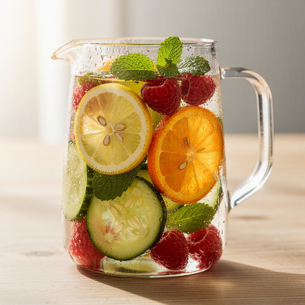 A pitcher of water with sliced citrus, berries, mint, and cucumber