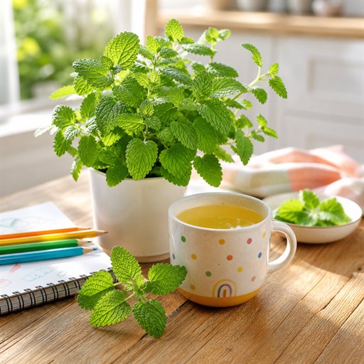 A potted lemon balm plant beside herbal tea and school supplies