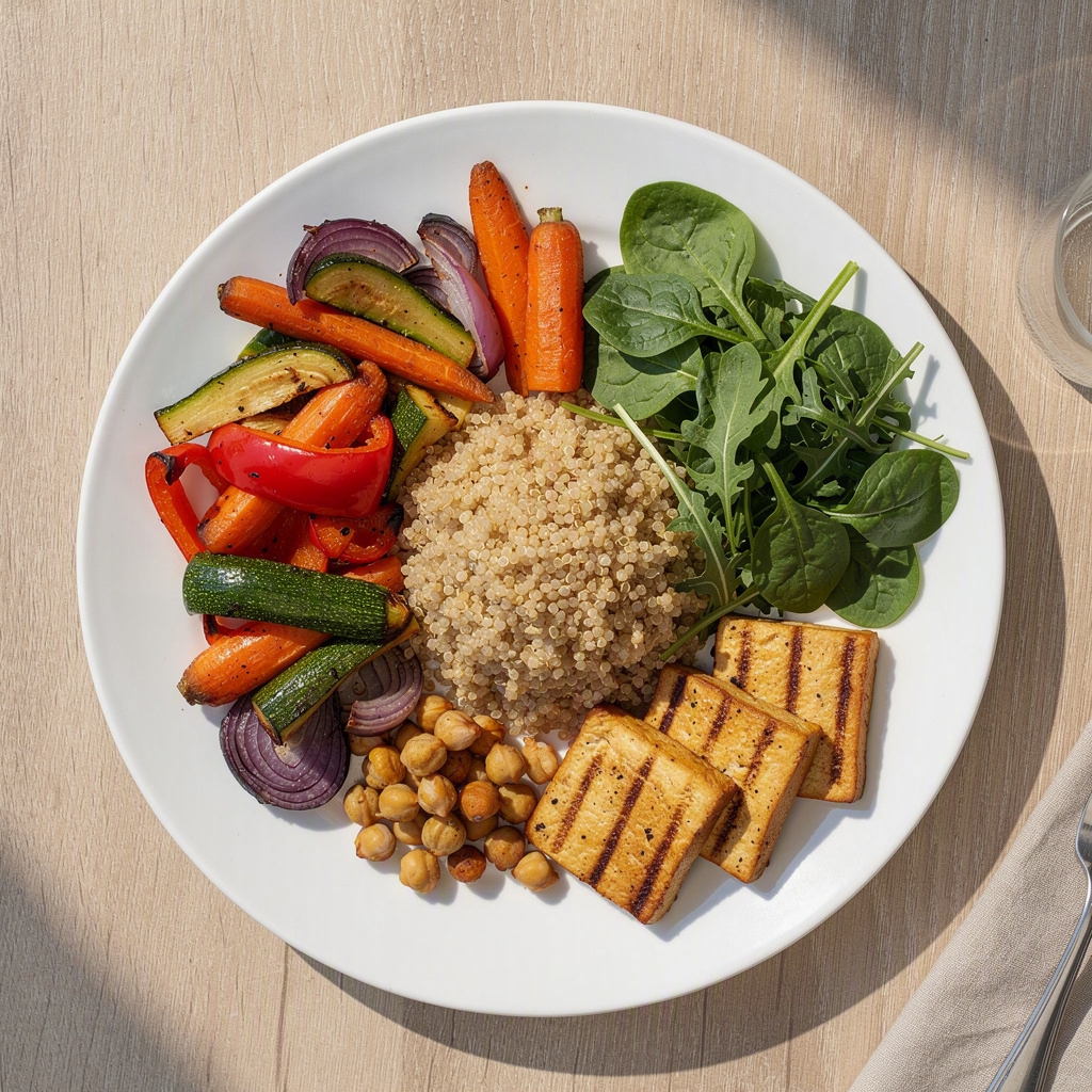 A balanced plate of vegetables, whole grains, and lean protein