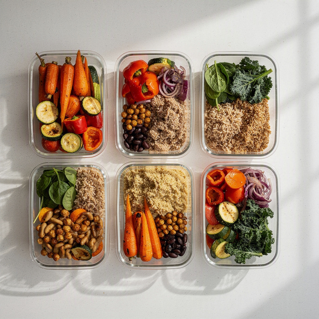 Glass meal-prep containers filled with colorful vegetables and grains