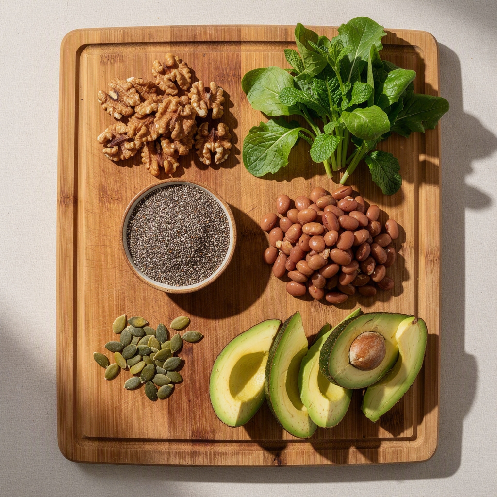 Walnuts, chia seeds, leafy greens, beans, and avocado on a cutting board