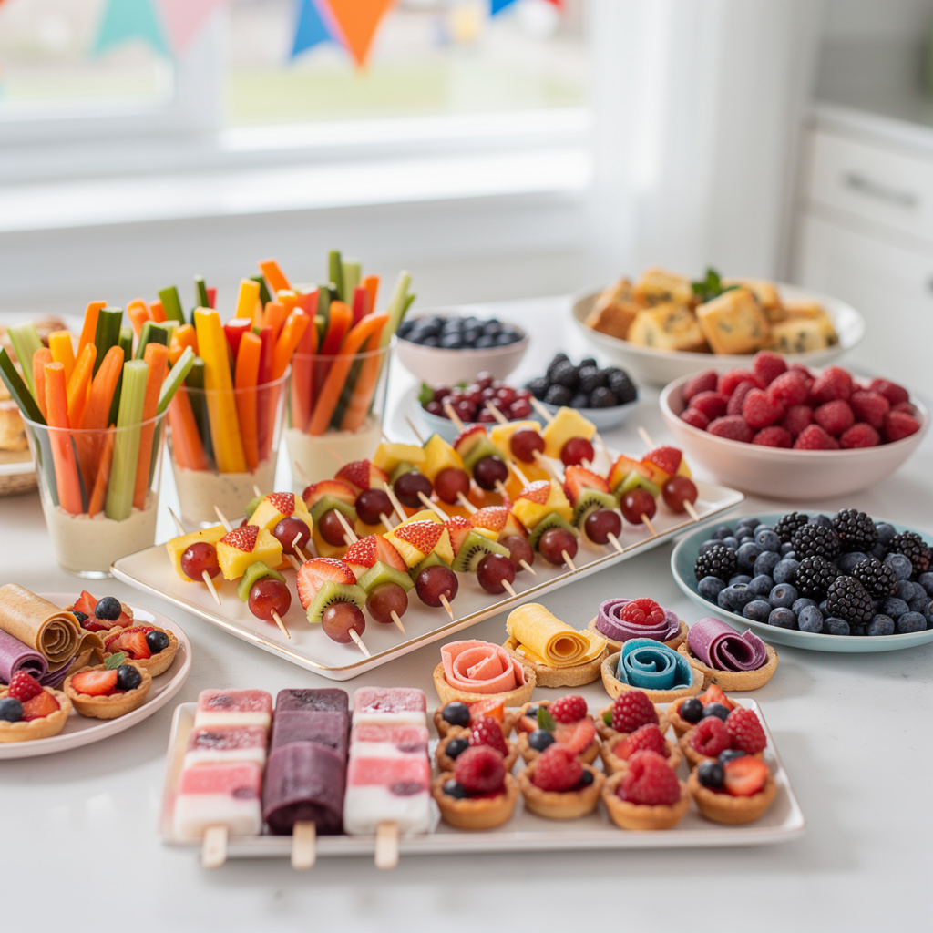 A colorful spread of plant-based party foods for kids