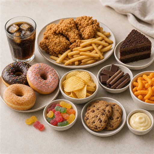 An assortment of processed, fried, and sugary packaged foods