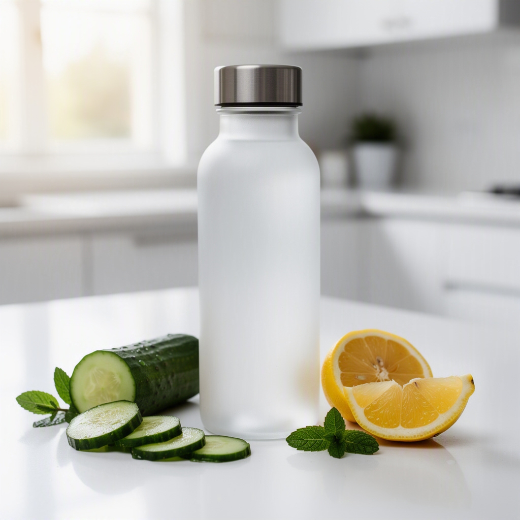A reusable water bottle beside cucumber, lemon, and mint on a counter