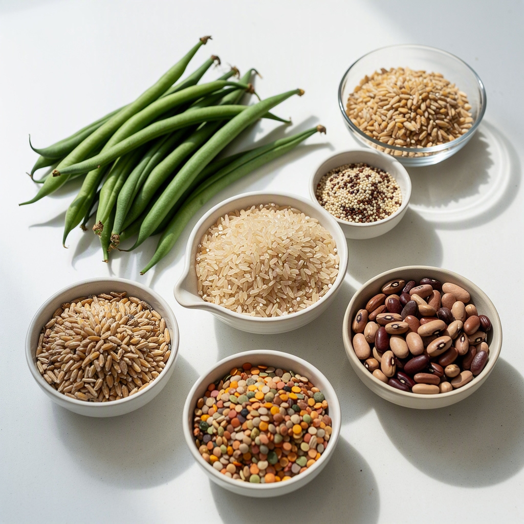 Fresh green beans, whole grains, and legumes beside a tub of fiber powder